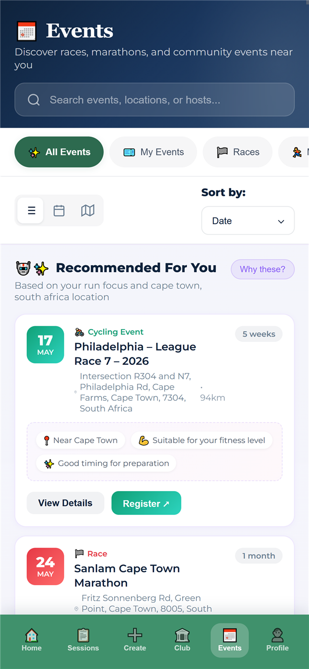Events page with AI-recommended races near you