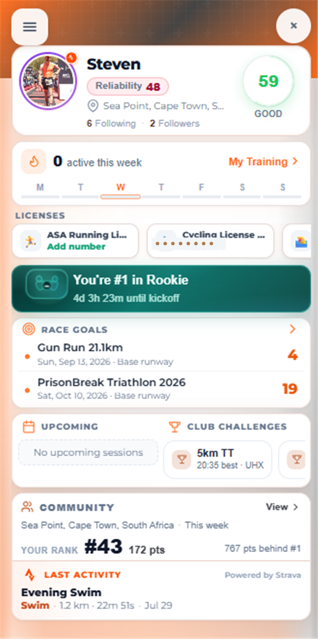 Pro athlete profile with fitness score, race goals, Weekly Clash rank, and Strava activity