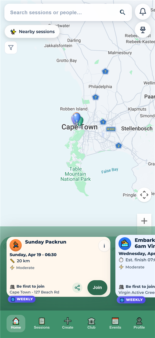 Map view with nearby training sessions ready to join